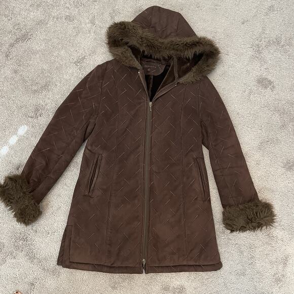 Y2K Faux Suede Fur Trim Hooded Coat Zip Up Women’s Medium 2000s VTG Brown Jacket - Picture 3 of 16
